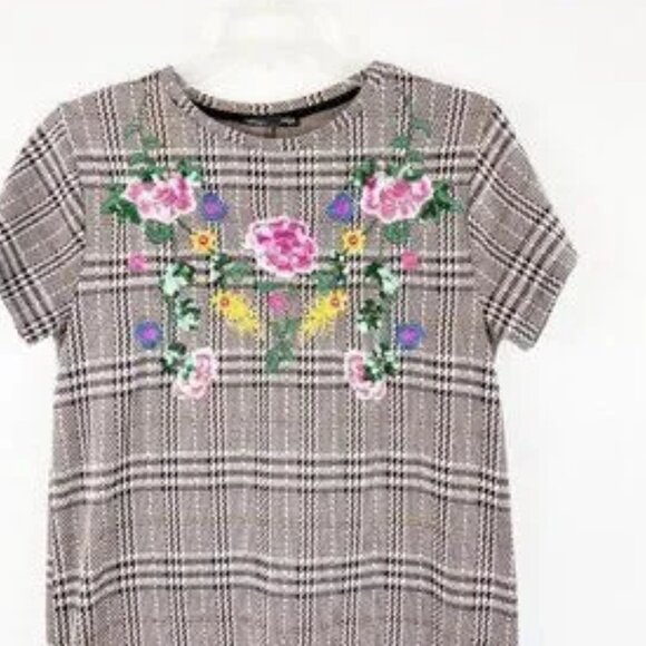 ZARA Plaid Floral Embroidered T-Shirt Dress Sequin - Picture 5 of 7
